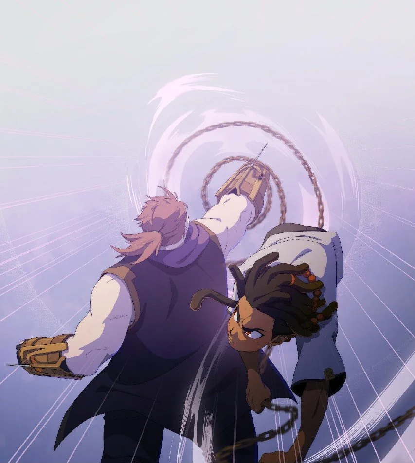 Two characters Kenjie and a Kraneos Gang member appear to be in a dynamic, action-packed scene, with one wielding a chain weapon and the other in a defensive stance, set against a blurred, swirling background.