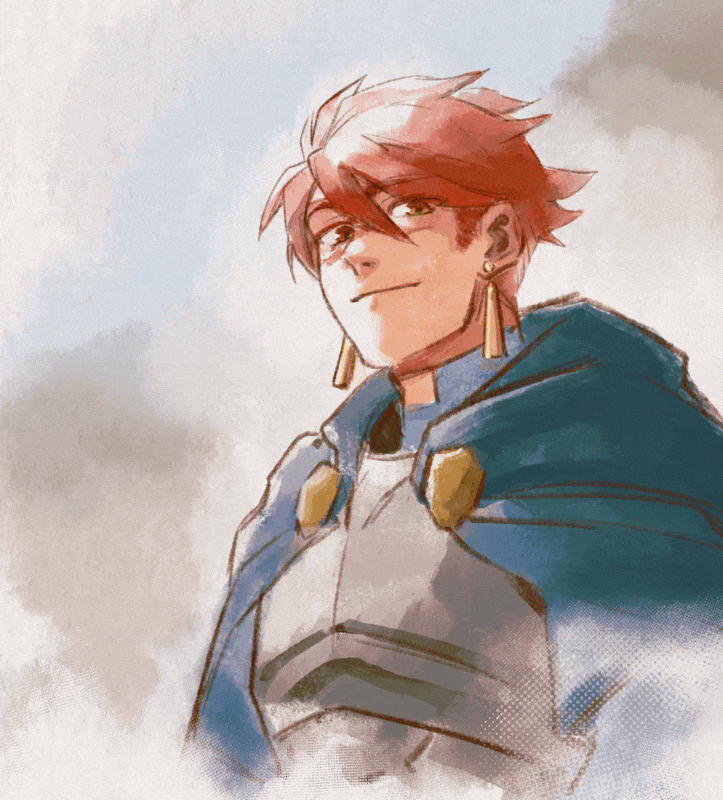 An animated illustration of a confident, smiling young man with red hair, wearing an armor-like suit with a cape, gold earrings, and standing against a cloudy sky.