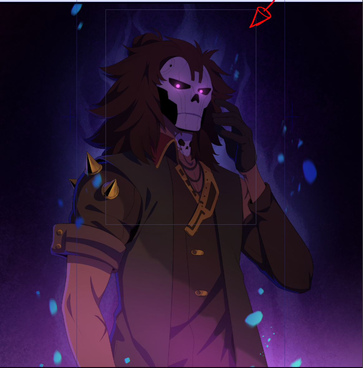 Anime-style character with a skull face, glowing purple eyes, and long brown hair, wearing a dark jacket with gold spikes and a skeleton necklace, set against a dark, ethereal background with blue glowing particles.