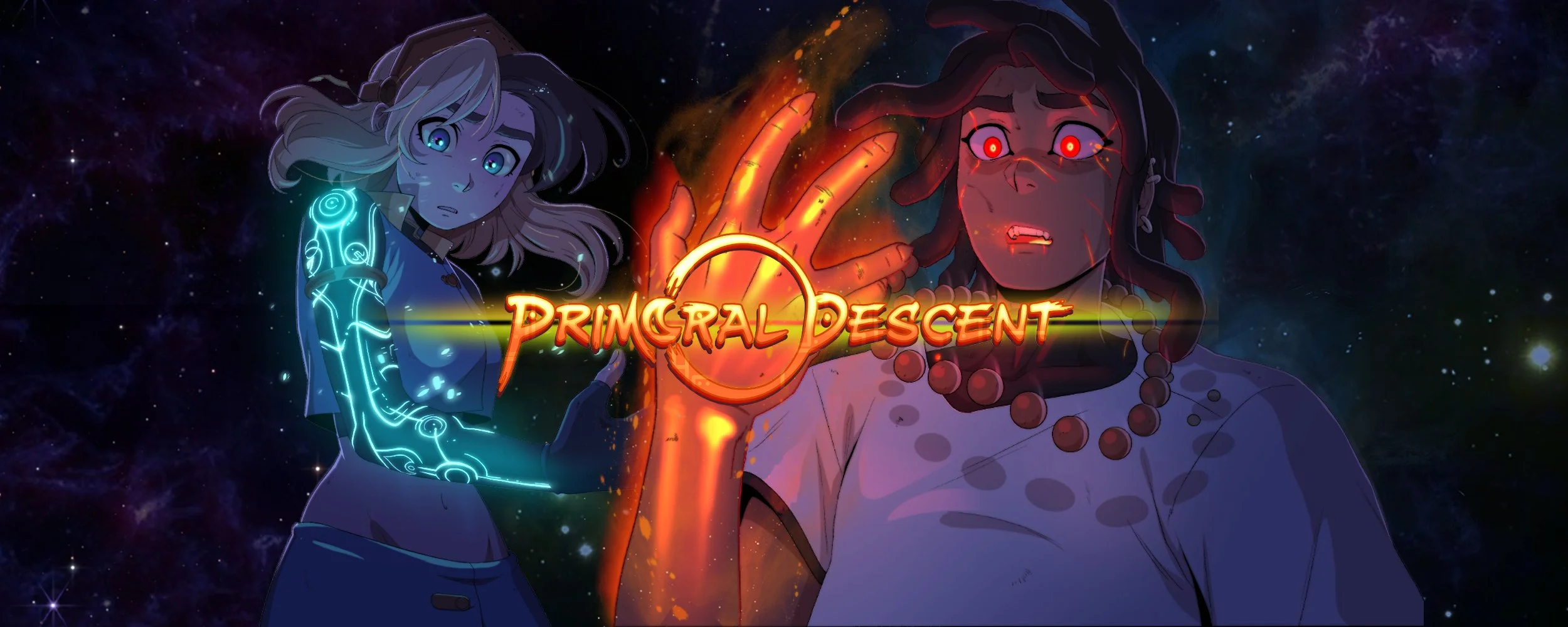 Animated illustration of two characters, Rivkah and Kenjie against a space background, with the title 'Primoral Descent' in the center.