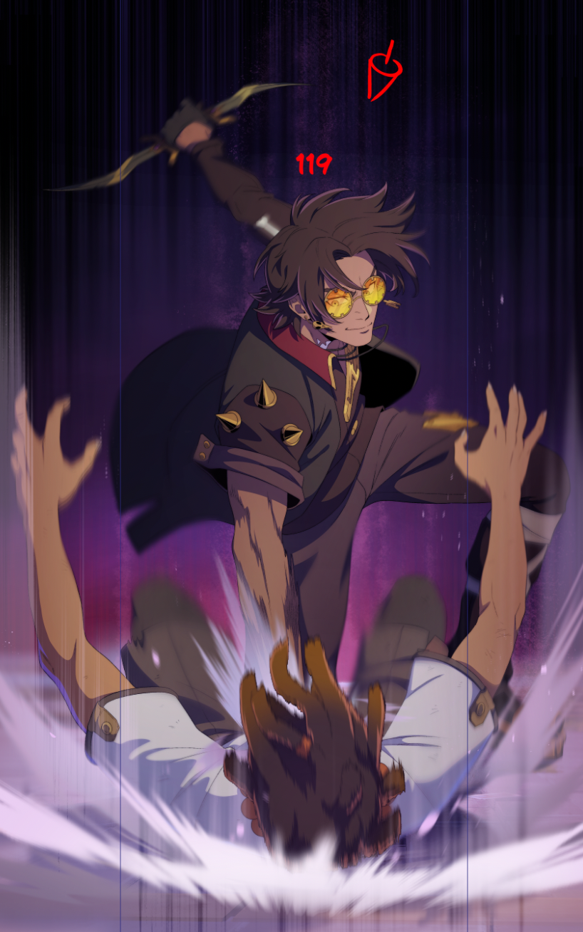 Anime-style character with brown hair named Runkton, wearing yellow tinted glasses, black jacket with spikes, battling another character, Kenjie, with brown hair, white shirt in a vibrant, dynamic scene with purple and pink hues.
