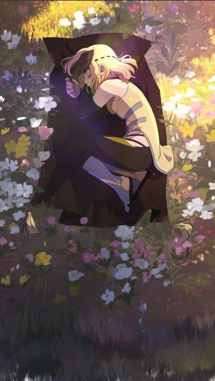 Anime-style illustration of a girl named Rivkah with blonde hair sleeping peacefully on a black figure, surrounded by colorful flowers and warm sunlight.