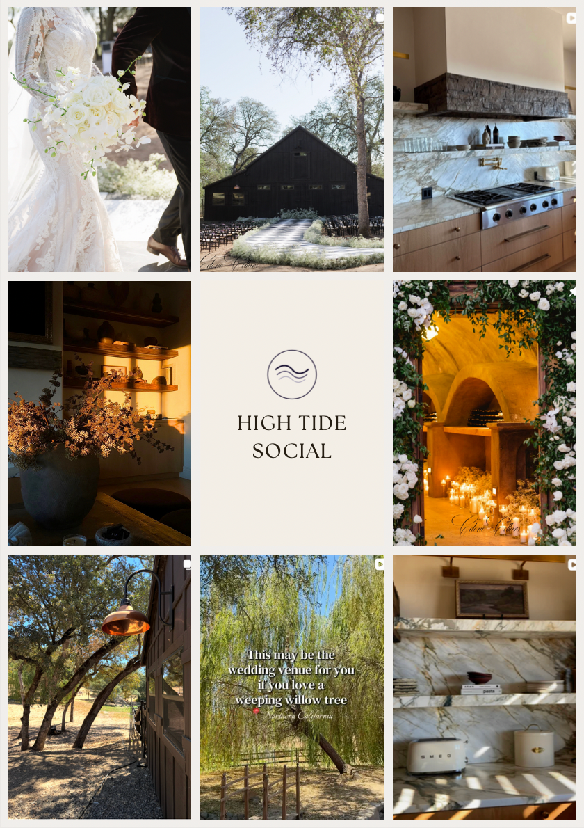 Collage of wedding and event venue images including a bride holding a white bouquet, a black barn, a modern kitchen, a dessert table with candles, a floral arch with candles, an outdoor area with trees, and a rustic shelf with decor. Center text reads "High Tide Social" and a message about a wedding venue with a weeping willow tree in Northern California.