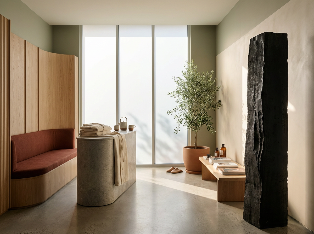 Minimalist interior space with a built-in wooden bench and pink cushion on the left, a concrete counter with folded towels and small objects in the center, a large potted plant and a bench with books and bottles on the right, and a tall black textured sculpture against the wall, illuminated by natural light from large frosted glass windows.
