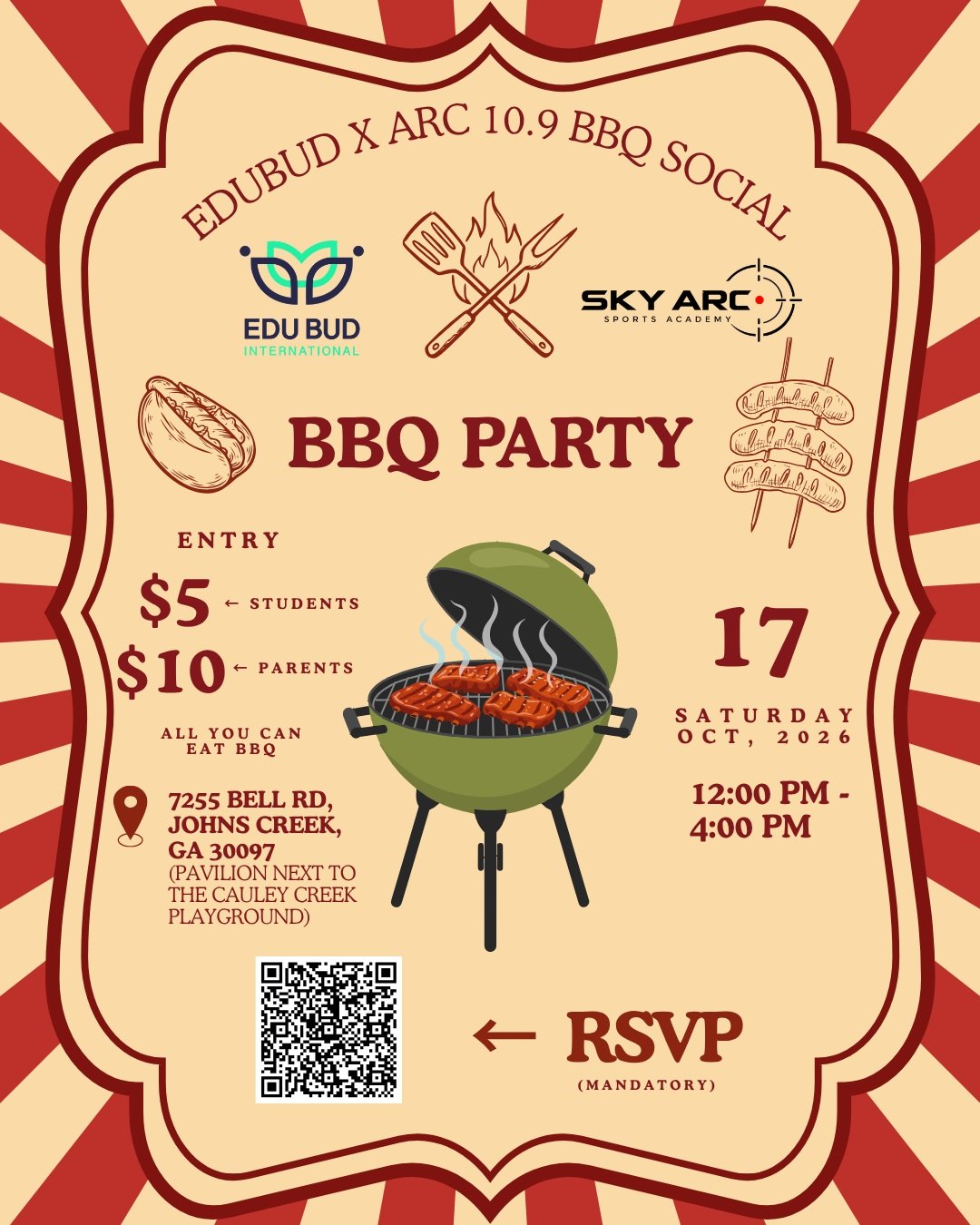 EduBud x ARC BBQ Social!

Join us for an afternoon of all-you-can-eat BBQ, sports, games, and time with friends! We&rsquo;ll have beach volleyball, pickleball, soccer, basketball, and plenty of food. Come hang out, meet new people, and enjoy a fun af