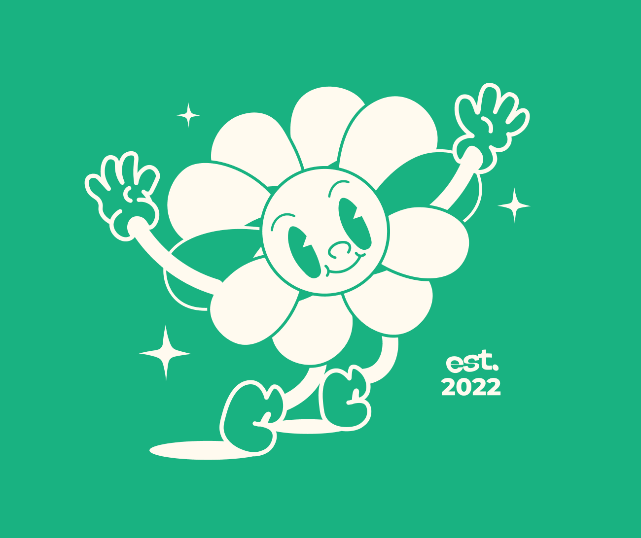 A white cartoon character with a flower-shaped body, animated face, and limbs, smiling and waving against a teal background, with product details 'est. 2022' and star-like sparkles.