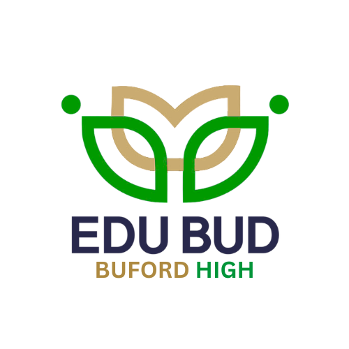 Logo for Edu Bud Buford High featuring a stylized green and beige plant or leaf design with the text "EDU BUD" in dark blue, "BUFORD" in gold, and "HIGH" in green.