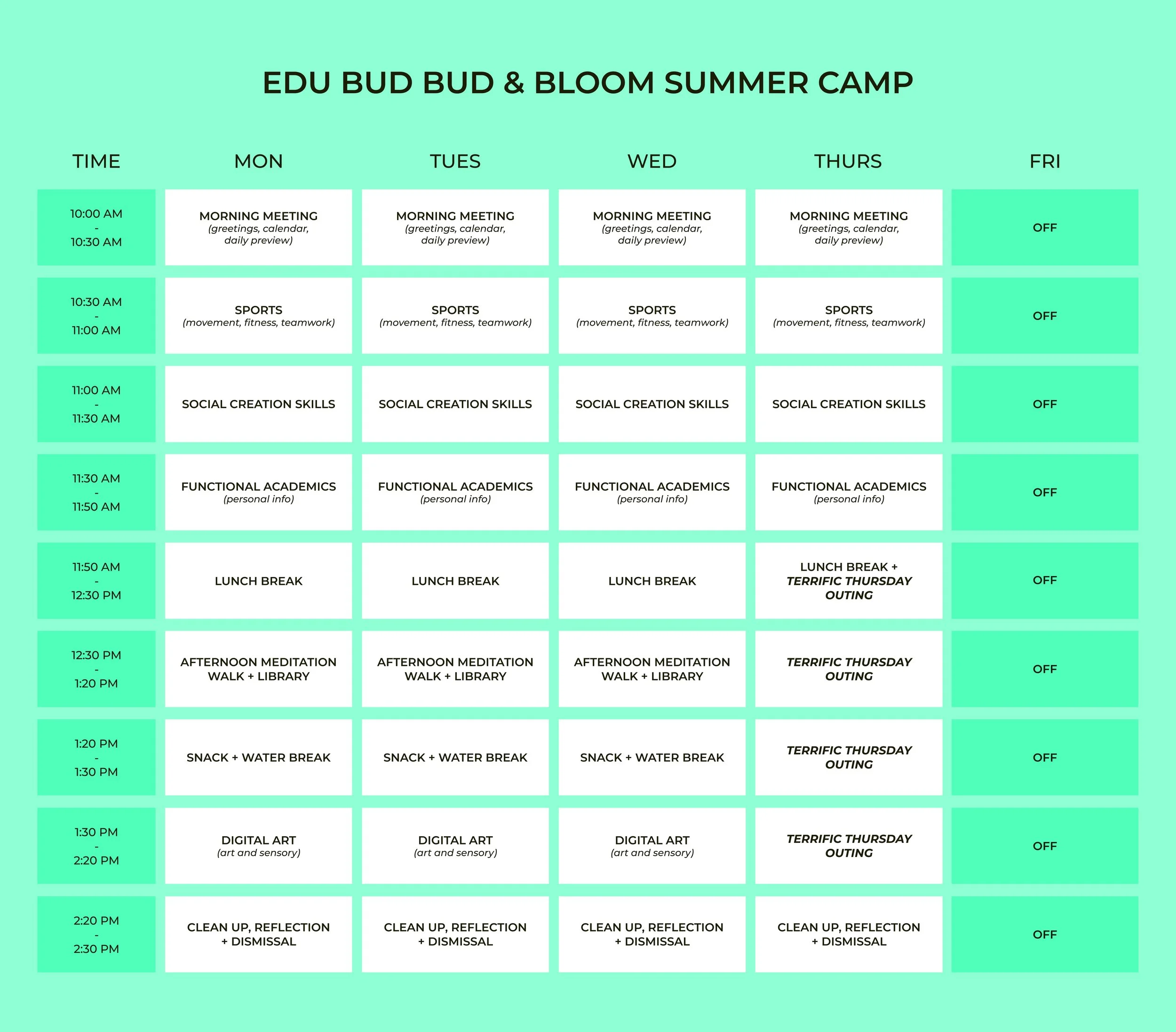 Weekly summer camp schedule titled 'EDU BUD BUD & BLOOM SUMMER CAMP' with days of the week from Monday to Friday, and time slots detailing activities including meetings, sports, skills, meals, and breaks, arranged in a grid against a mint green background.