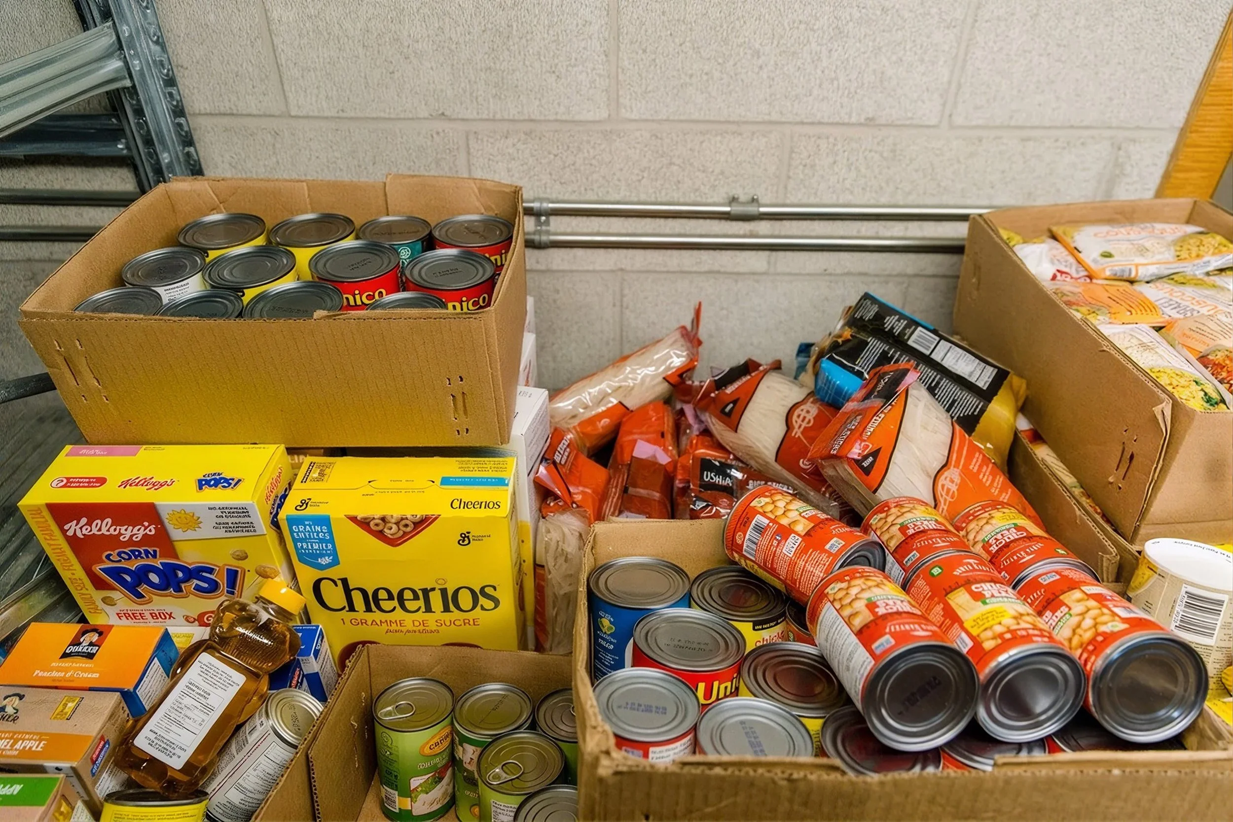 Multiple canned goods like corn and chicken stacked in cardboard boxes on shelves, with snack and cereal boxes nearby.