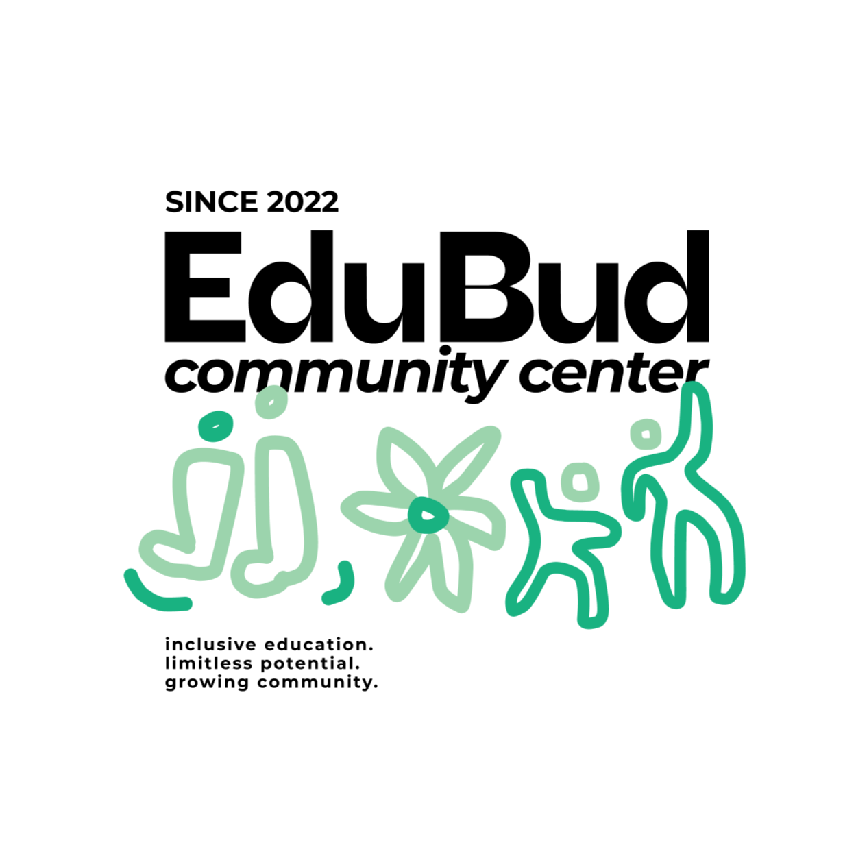Logo for EduBud community center established in 2022, with colorful abstract illustrations of people and a flower, and the slogan: inclusive education, limitless potential, growing community.