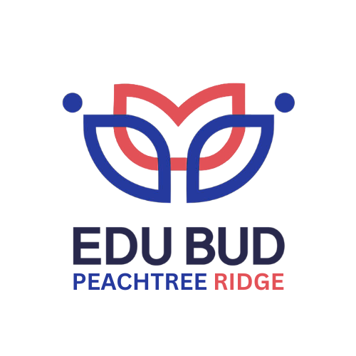 Logo for EDU BUD Peachtree Ridge featuring a stylized red and blue flower or leaf design with the text 'EDU BUD' above 'PEACHTREE RIDGE' in blue and red.
