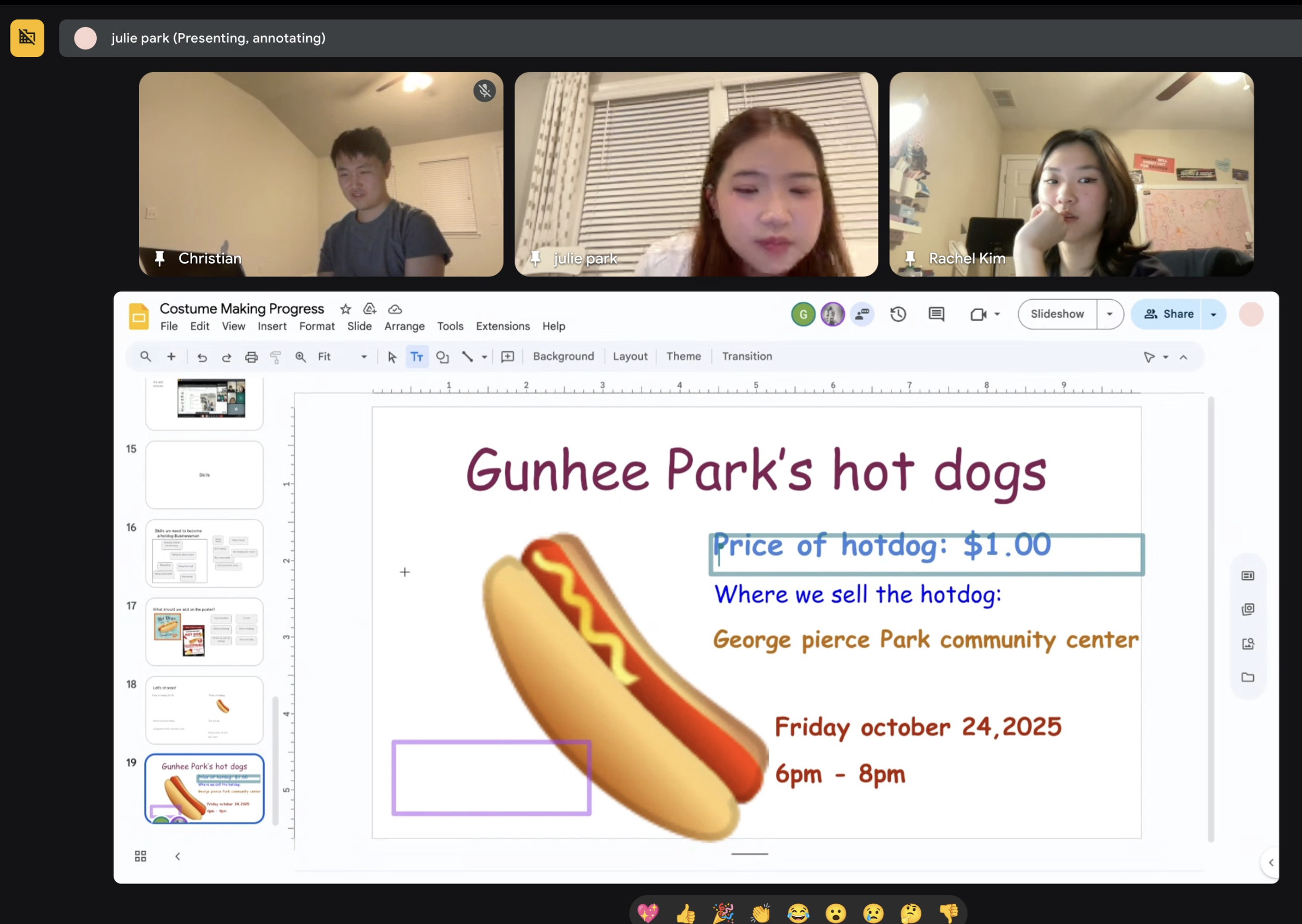 A virtual meeting with three participants discussing a presentation about Gunhee Park's hot dogs. The presentation slide indicates a hot dog price of $1.00 and provides event details for October 24, 2025, from 6 pm to 8 pm at the George Pierce Park community center.