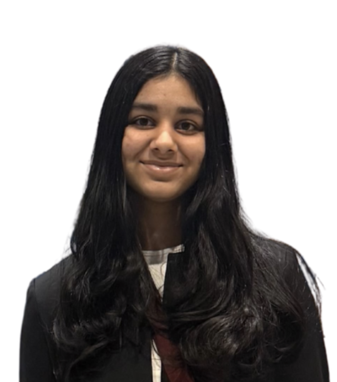 Portrait of a young woman with long black hair wearing a black jacket and smiling against a white background.