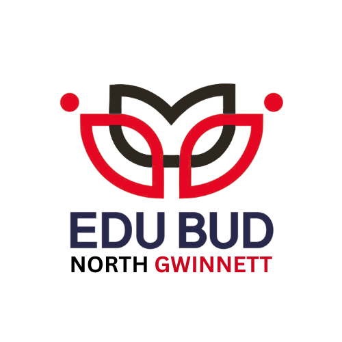 A logo featuring a stylized flower or plant with red and black outline, and text that reads 'EDU BUD North Gwinnett' in navy blue and red.