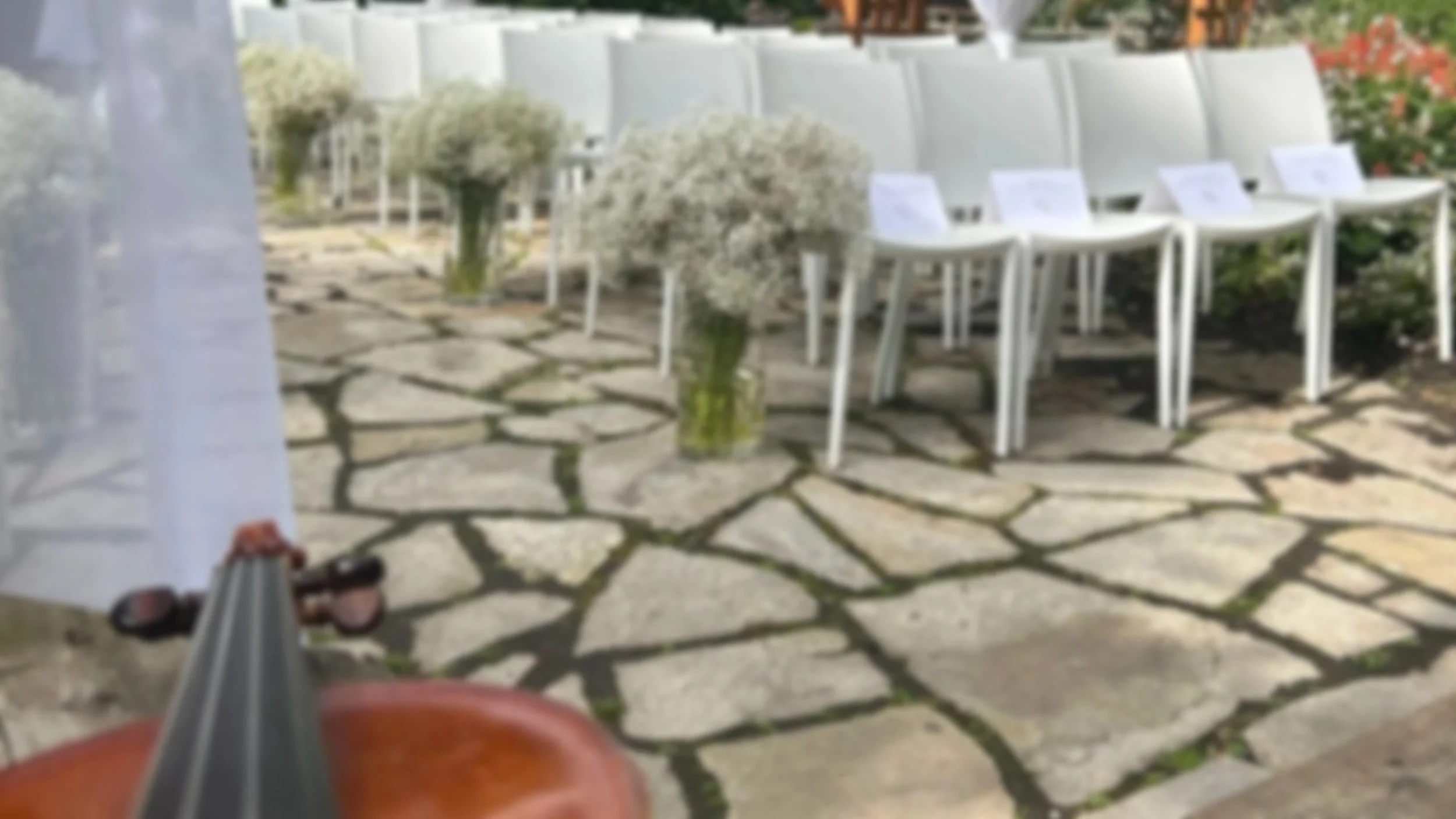 Chaises en plastique blanc alignées sur un sol pavé en pierre, avec des plantes en fleurs blanches en arrière-plan. 