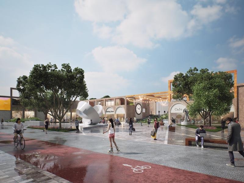 Town Square, featuring St. Enoch's Clock. Taken from NLC website at https://www.northlanarkshire.gov.uk/regeneration-and-investment/towns-and-communities/cumbernauld-town-centre-regeneration/concept-designs