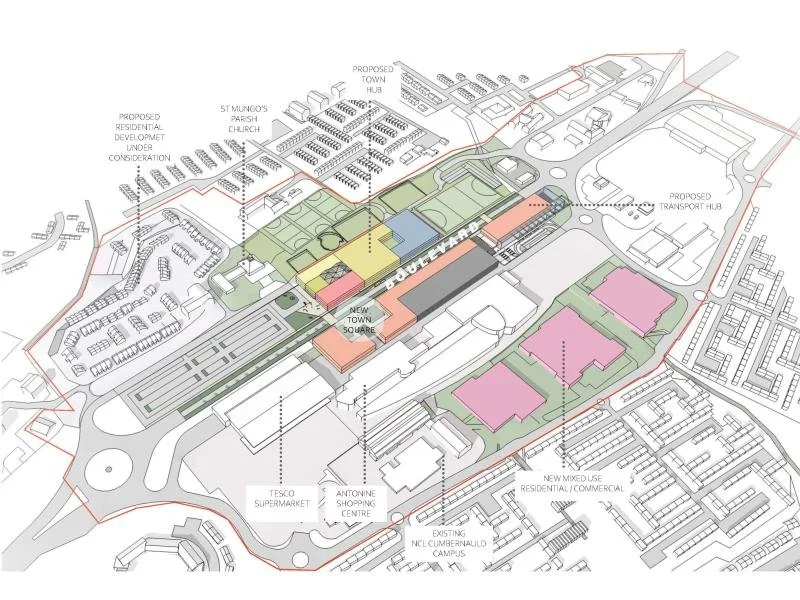 Concept Design 2. Taken from NLC website at https://www.northlanarkshire.gov.uk/regeneration-and-investment/towns-and-communities/cumbernauld-town-centre-regeneration/concept-designs