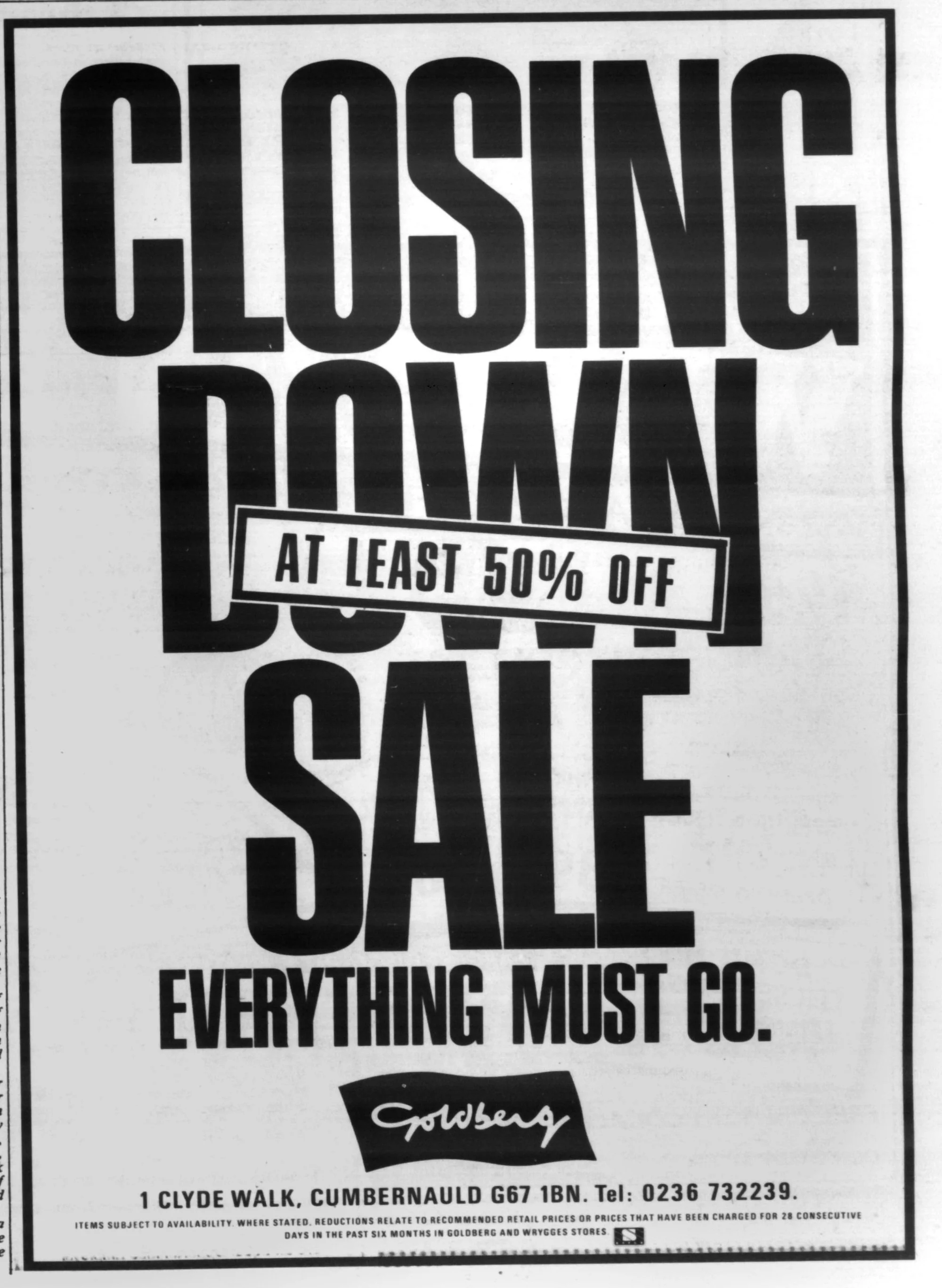 Goldbergs closing down Mar 1990