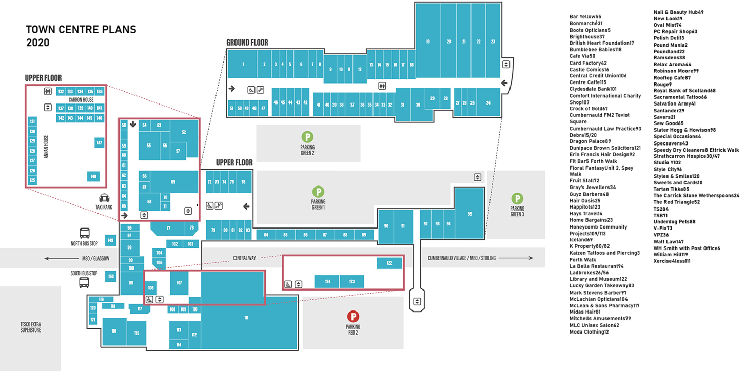 Plan of the Town Centre in 2020. Taken from The Centre Cumbernauld website (accessed through web.archive.org)