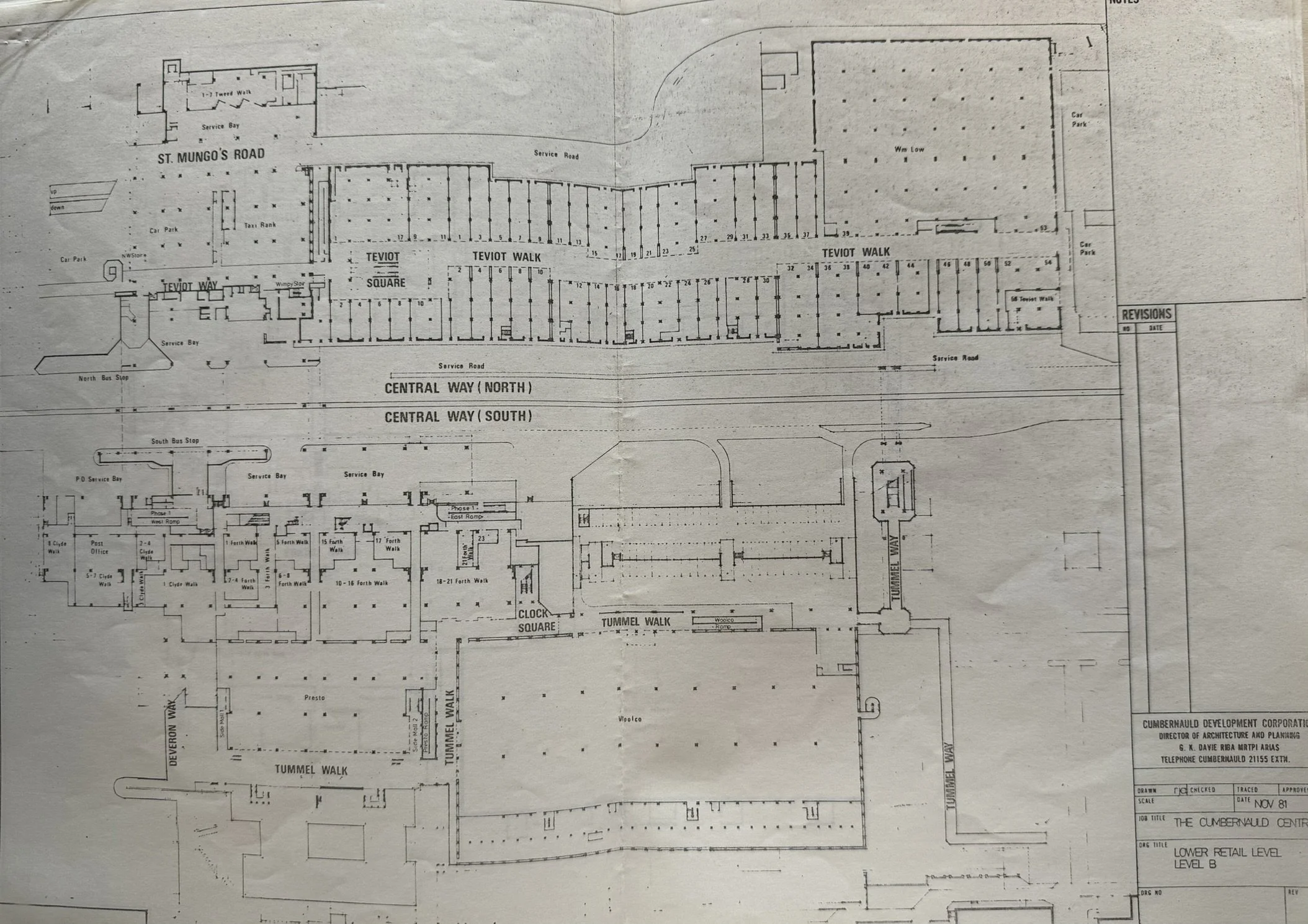 Plan of lower retail level. Plans taken from Cumbernauld Development Corporation Collection, held by North Lanarkshire Council's Archives.