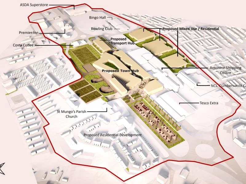 Concept Design 1. Taken from NLC website at https://www.northlanarkshire.gov.uk/regeneration-and-investment/towns-and-communities/cumbernauld-town-centre-regeneration/concept-designs