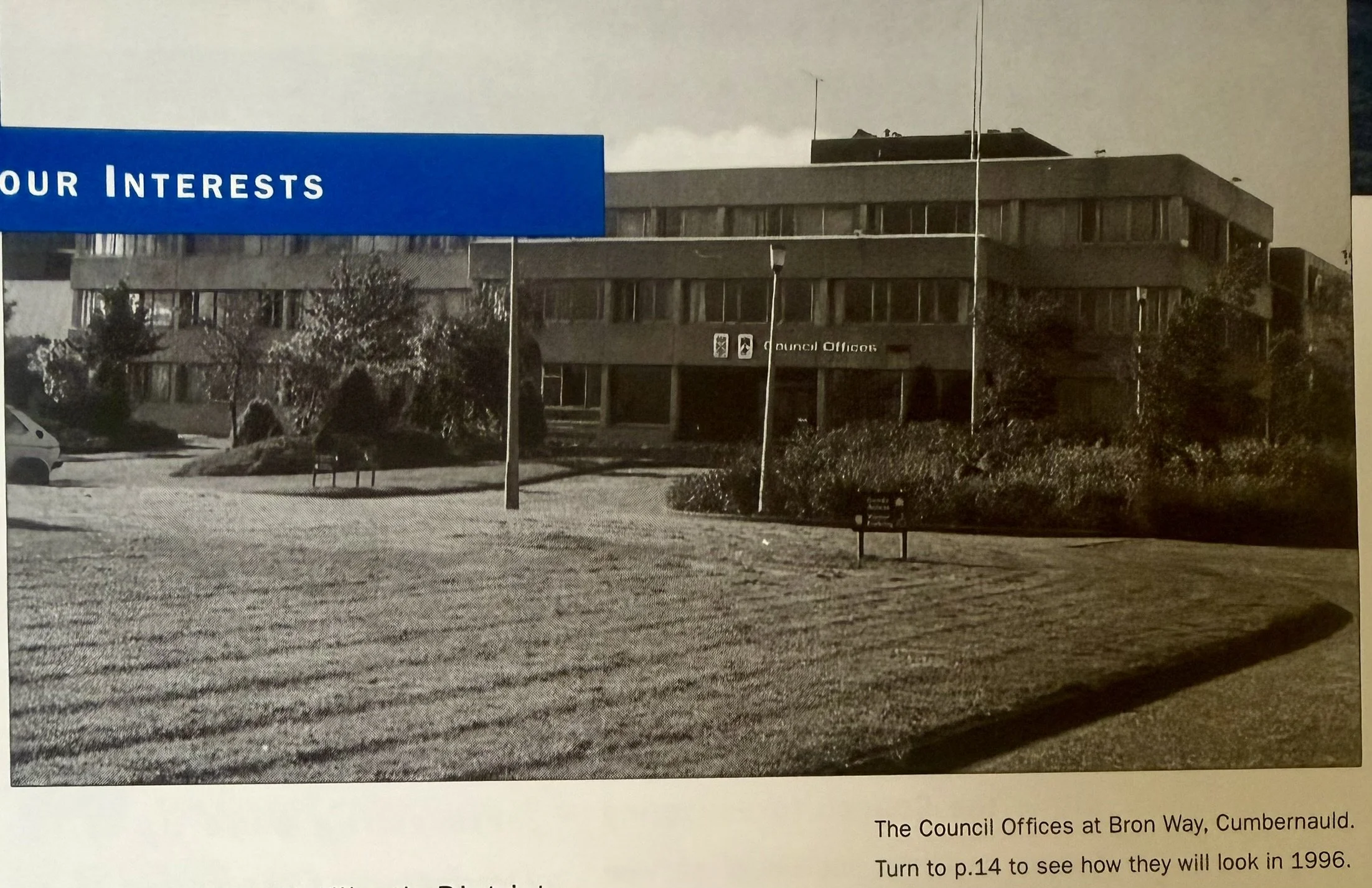 Photo of the council offices in Bron Way; taken from local history collection in Cumbernauld Library