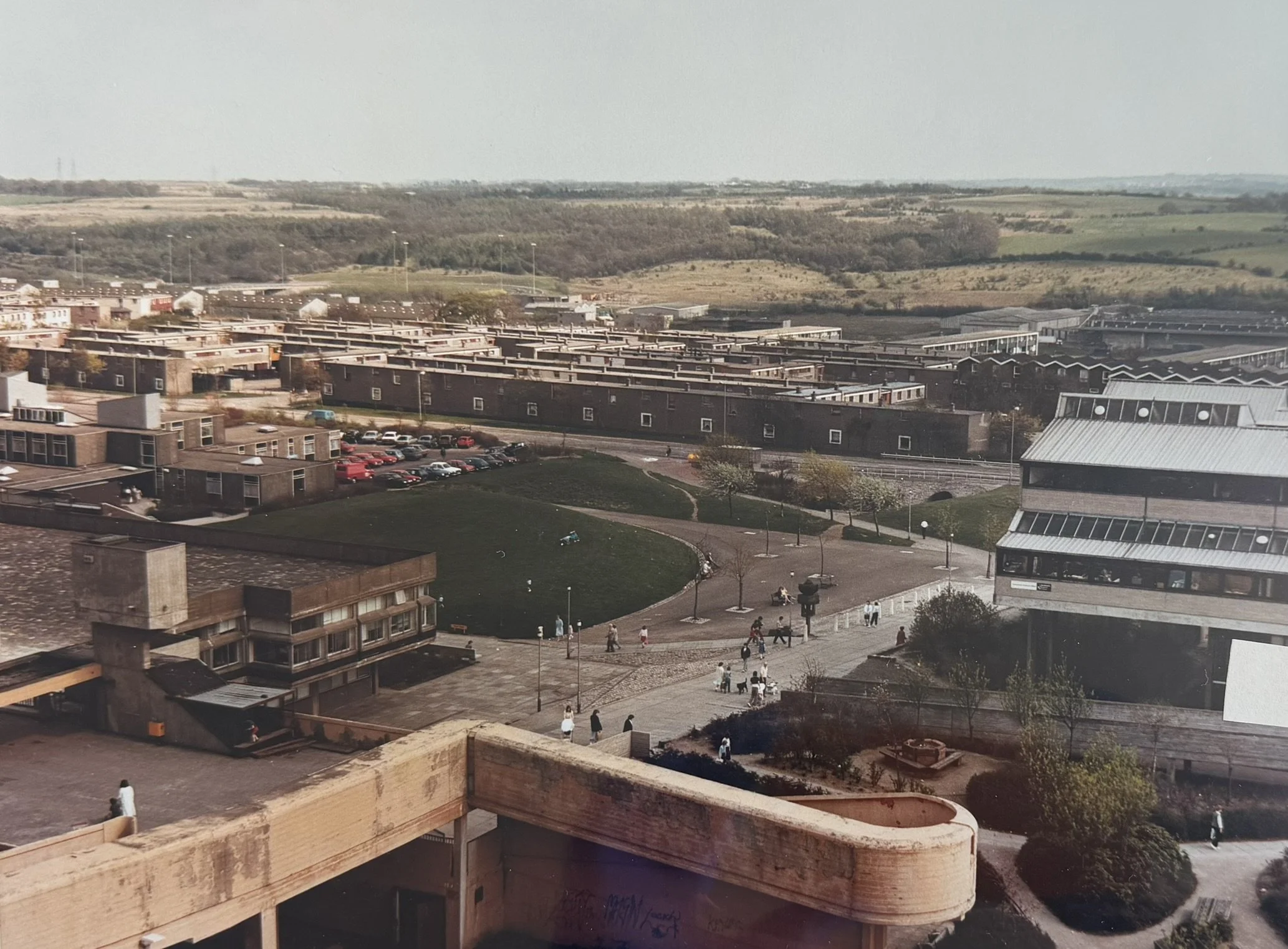 Aerial shot of the Carbrain end of the Town Centre, featuring the college and ramps
