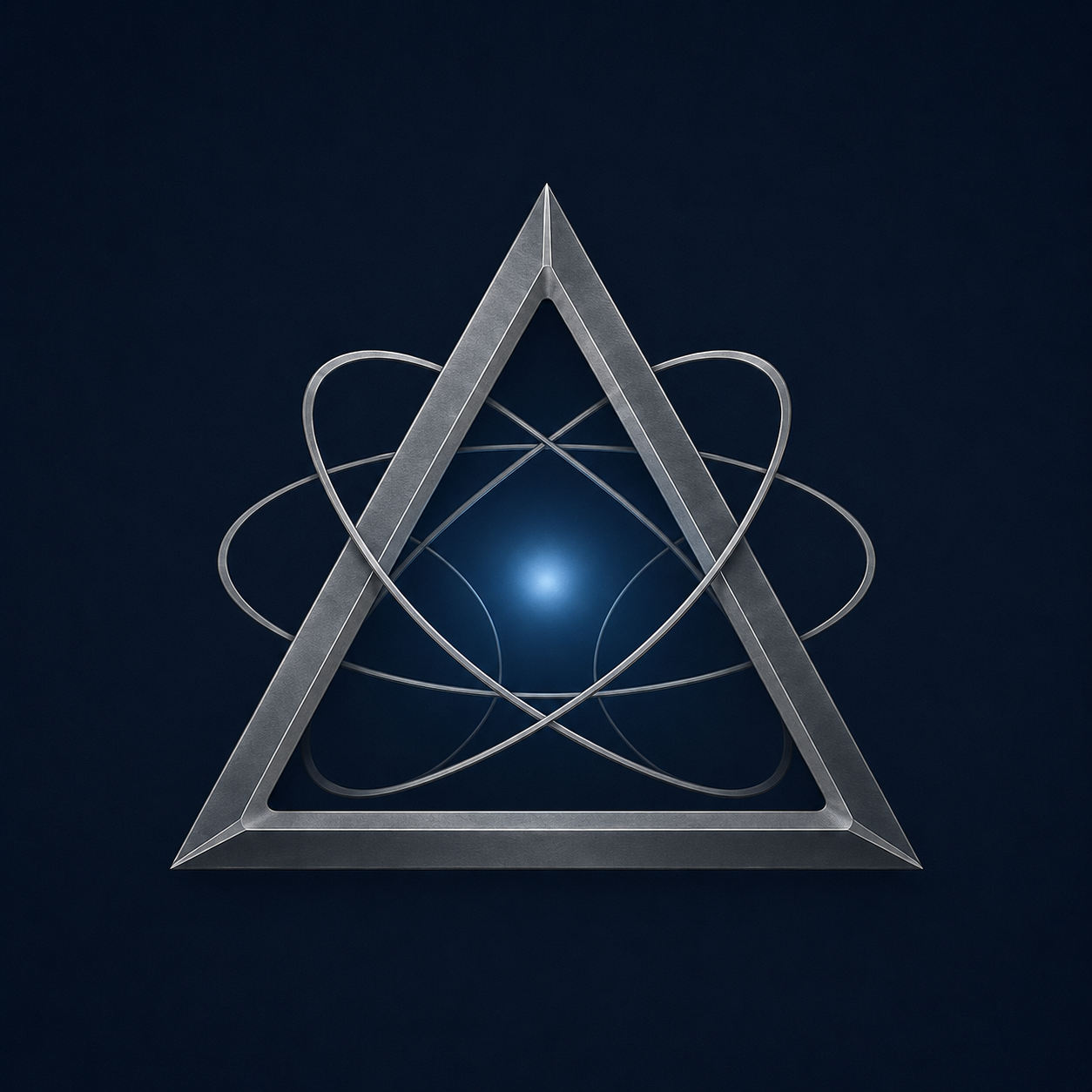 A metallic triangle with three laser-etched atomic orbits and a glowing central atom, symbolizing science or atomic energy.