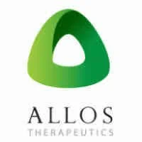Logo of ALLOS Therapeutics with a green abstract triangular shape and the company name underneath.
