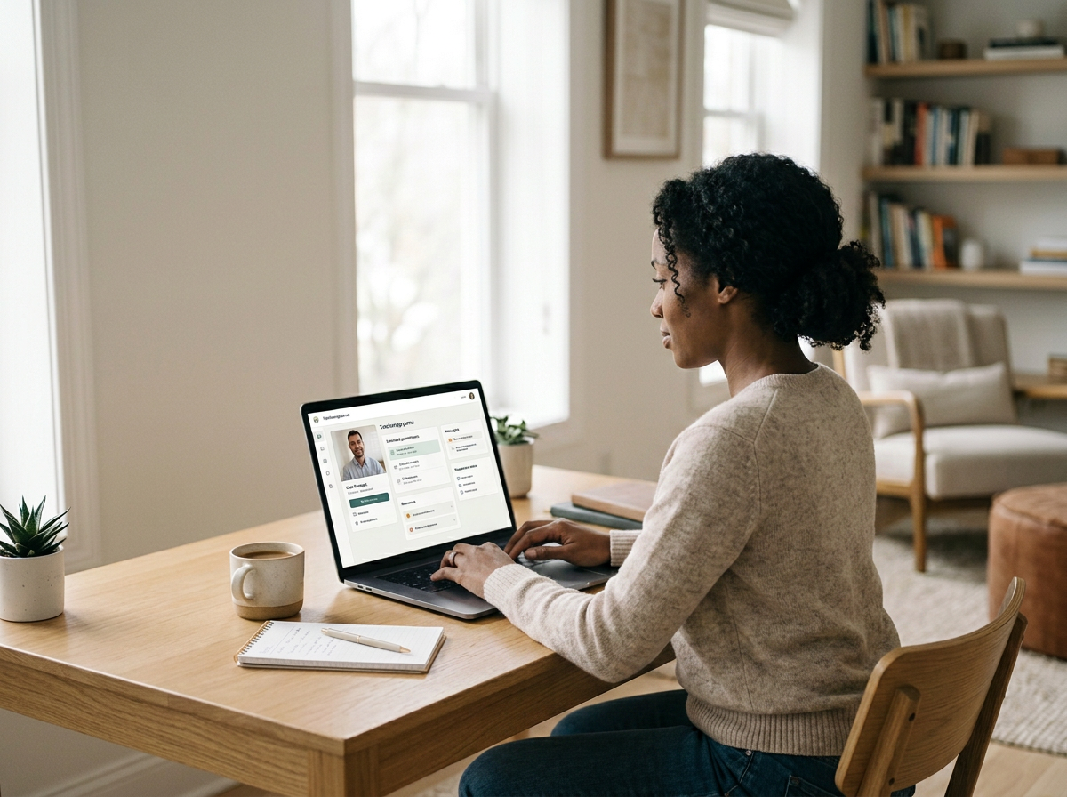 A woman sitting at a wooden desk working on a laptop in a cozy, well-lit room with bookshelves and a lounge chair in the background.