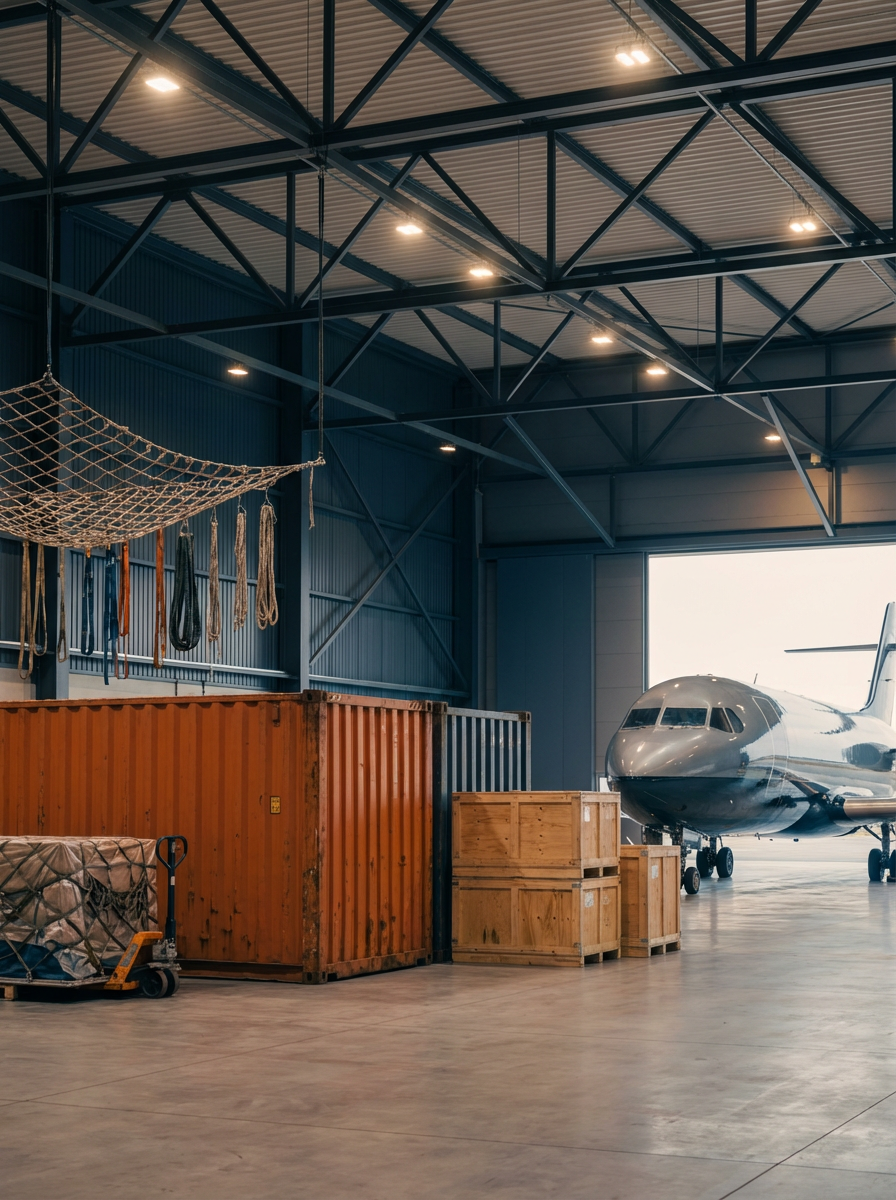 Inside an aircraft hangar with a private jet, wooden crates, orange shipping container, and hanging straps with ropes