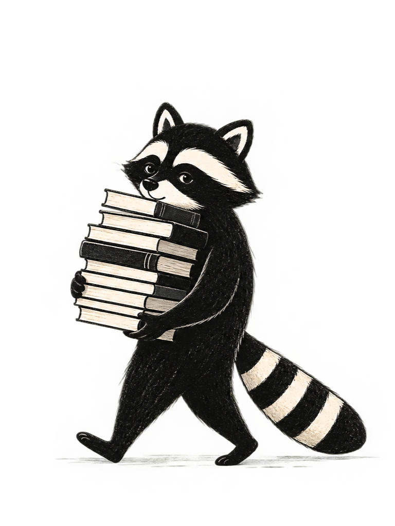 A cute cartoon raccoon holding a stack of six books.