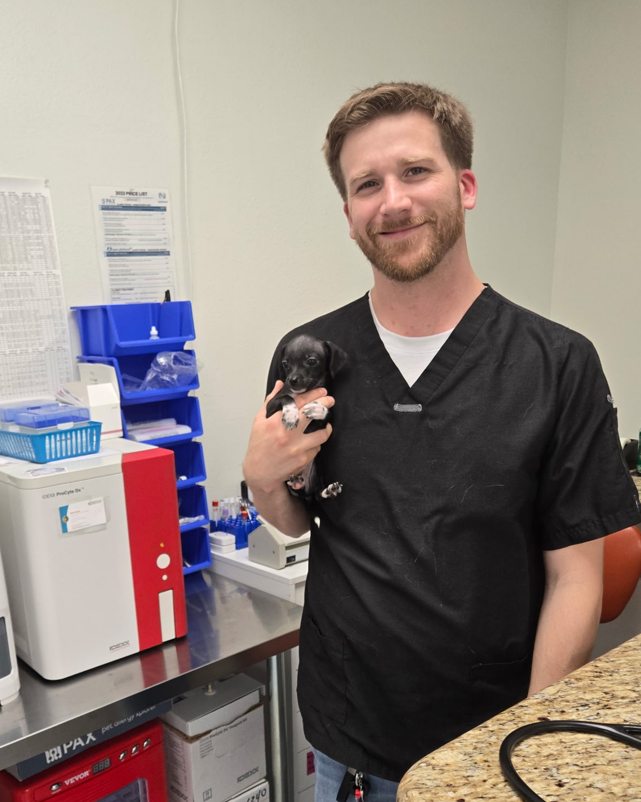 Veterinary technician holding a puppy