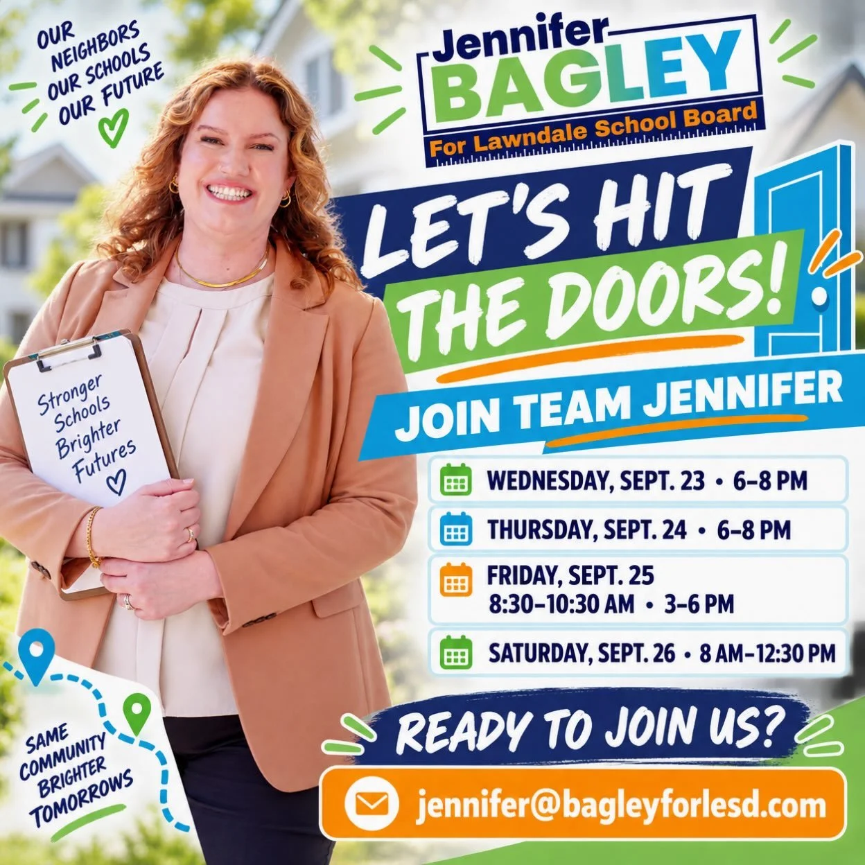 We&rsquo;re hitting the doors all week, and we want YOU with us! 🎉

Pick a shift, bring a friend, and come help Team Jennifer build some serious momentum across our community.

Ready to join us? Email jennifer@bagleyforlesd.com. Let&rsquo;s go! 💚💙