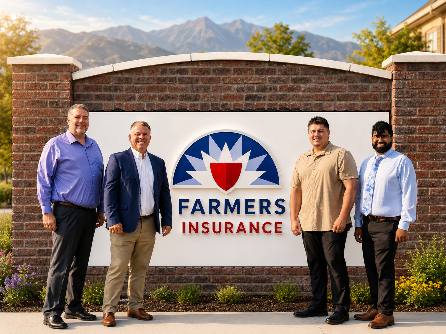 Four men standing outside in front of a Farmers Insurance sign, with mountains and trees in the background.