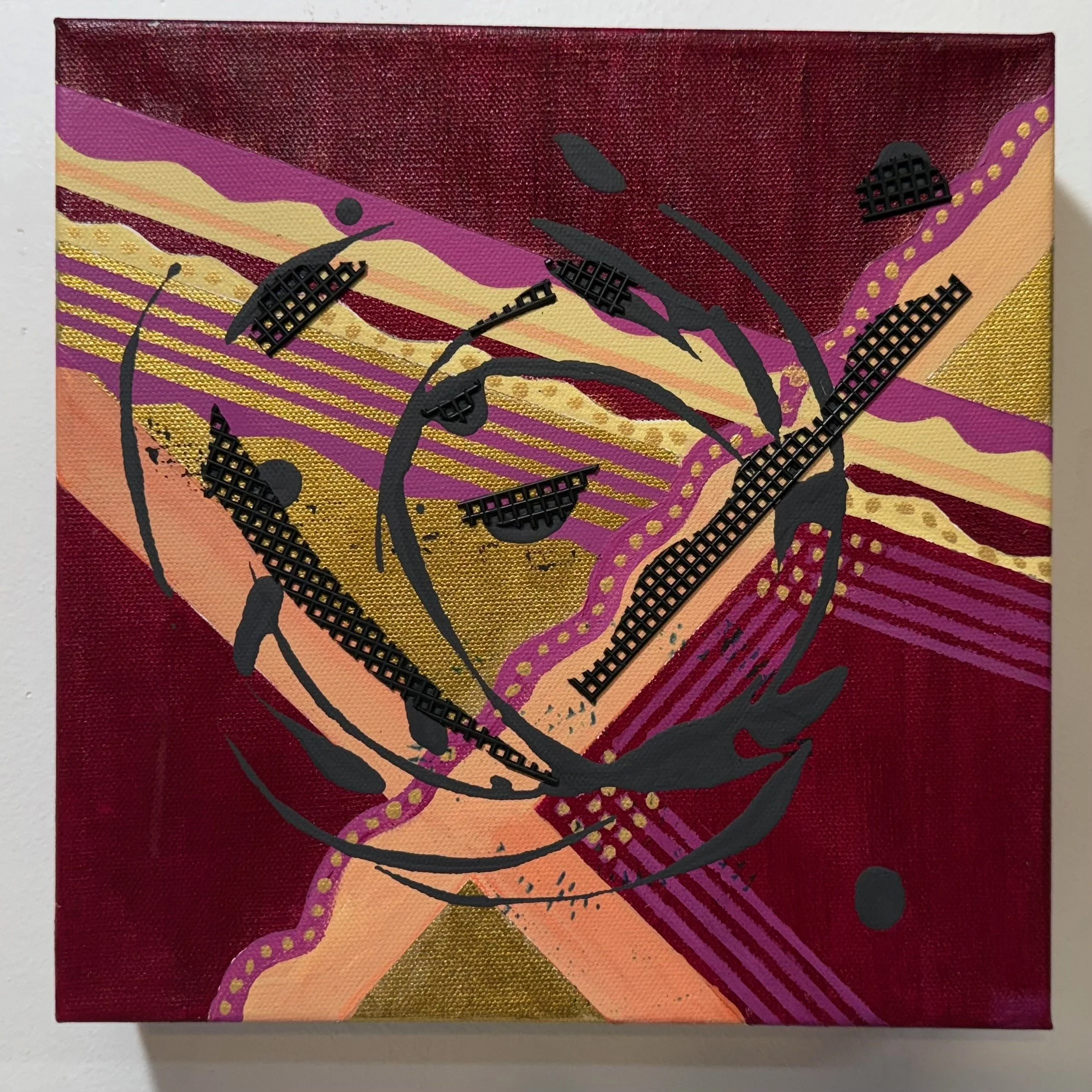 "searching." acrylic on canvas, mixed media. 15"x15". 2025. 