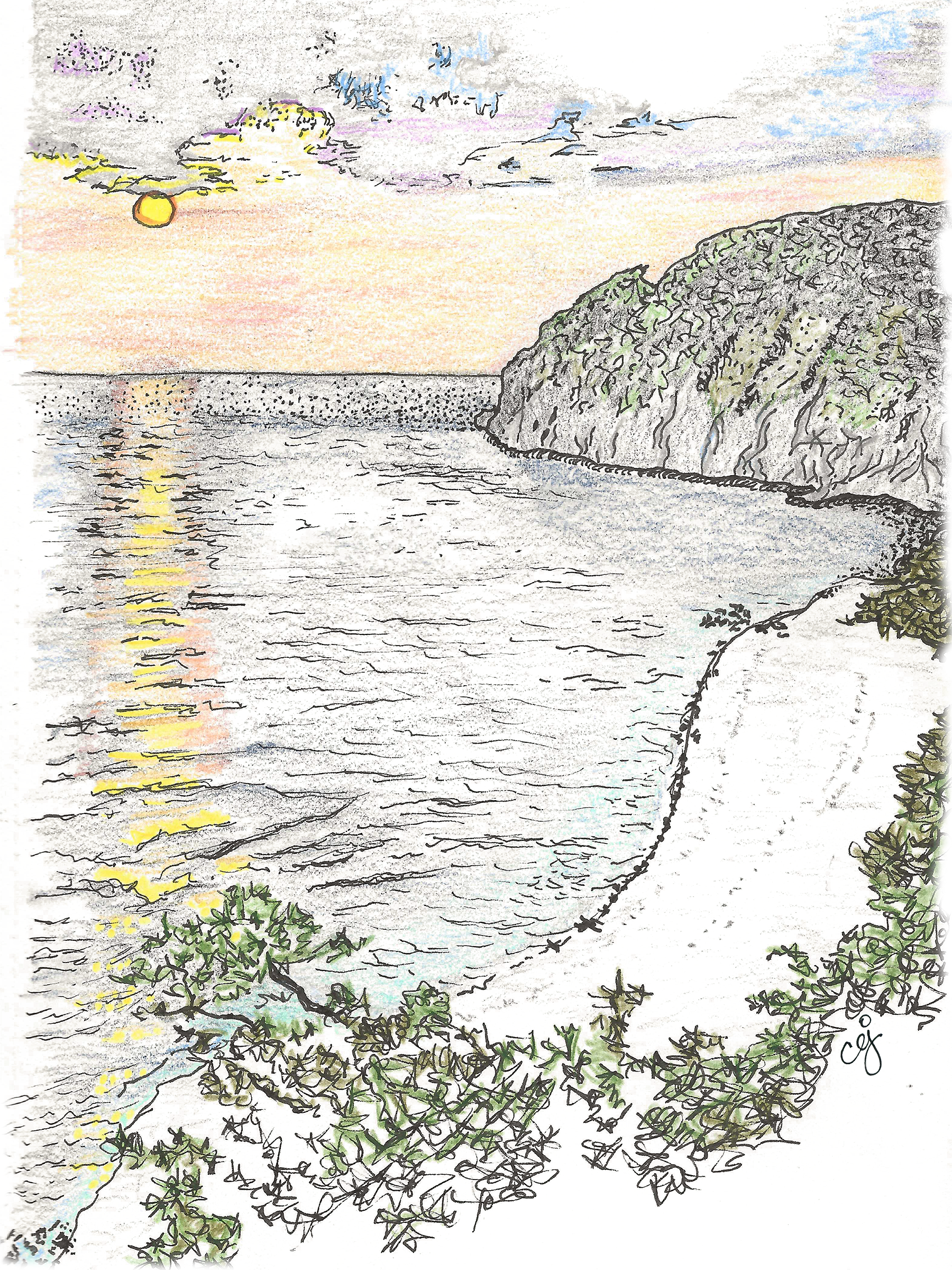 sunset in mangenguey (philippines). ink and color pencil, sketchbook. 2026. 