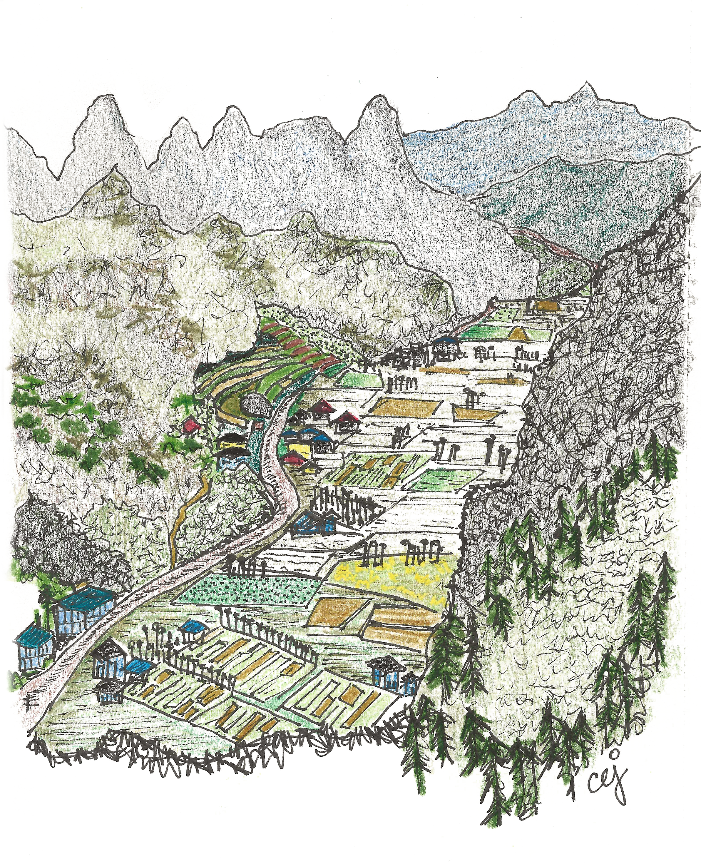 ha giang village (vietnam). ink and color pencil, sketchbook. 2026. 