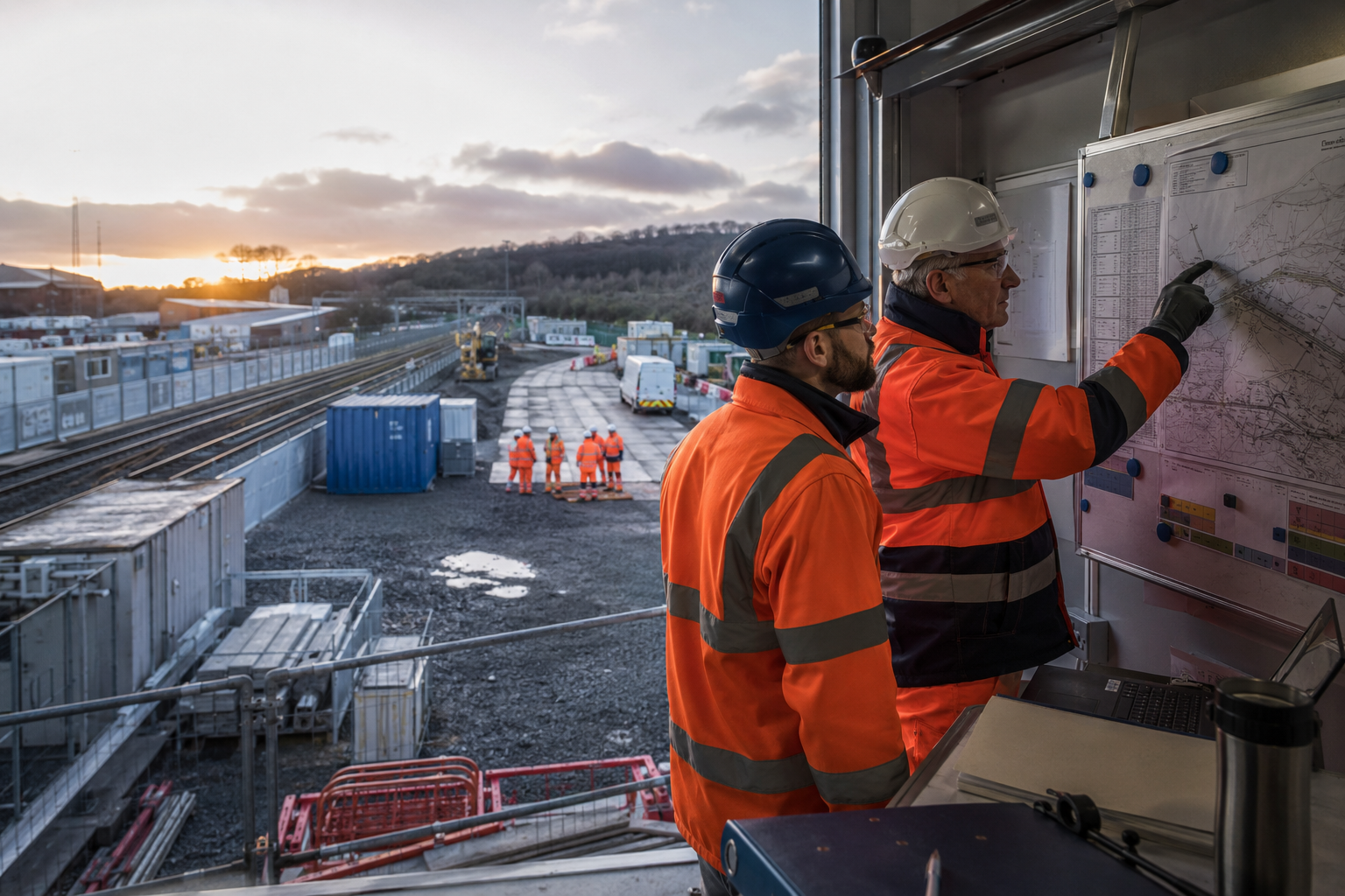 Two construction workers wearing orange safety jackets and helmets review plans on a large screen at a railway construction site during sunset, with other workers and construction equipment visible in the background.