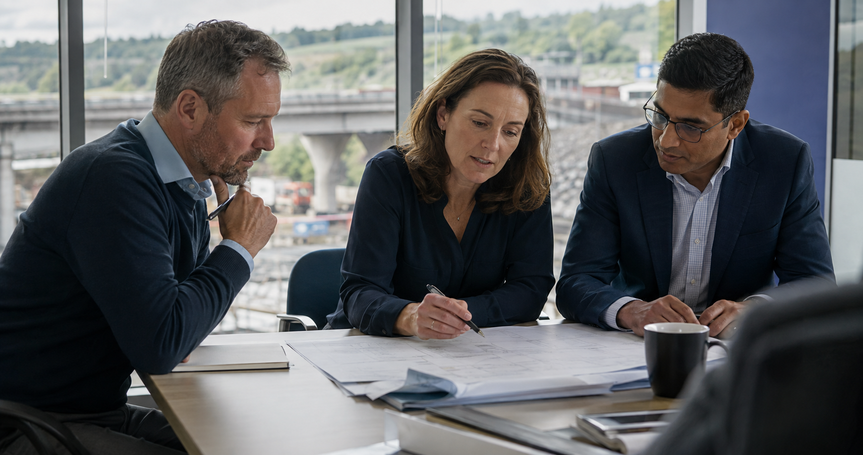 Three professionals, two men and one woman, discussing plans at a table in a modern office with large windows showing an outdoor urban landscape.