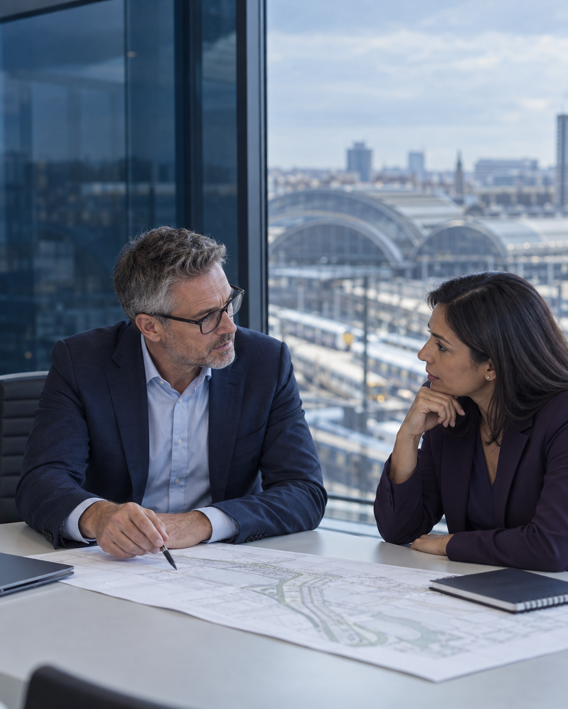 Two professionals, a man and a woman, having a serious discussion at a table with a cityscape view in the background. The table has blueprints and a laptop on it.