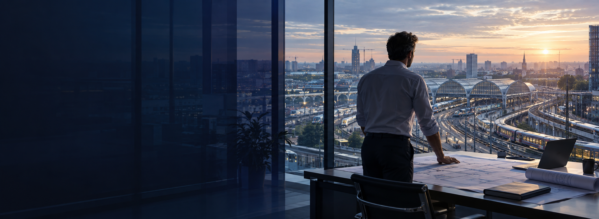 A man stands in an office, looking out at a cityscape with railways and buildings during sunset.