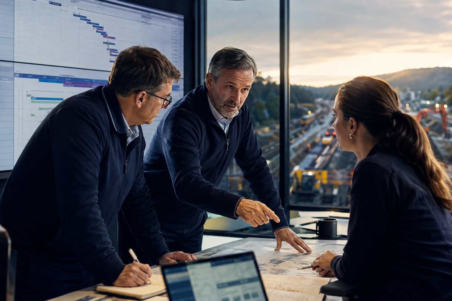 Three professionals in a conference room discussing plans with large screen showing scheduling data and a cityscape view outside.