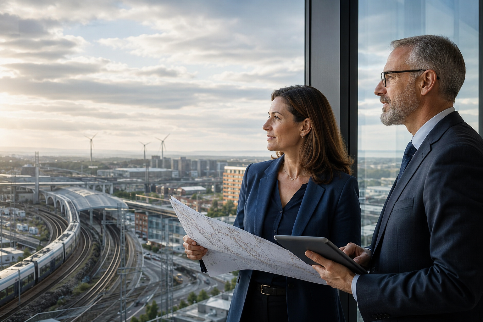 Two business professionals, a woman and a man, stand near a large window overlooking a cityscape with railways, buildings, and wind turbines. The woman holds a large map, and the man holds a tablet.
