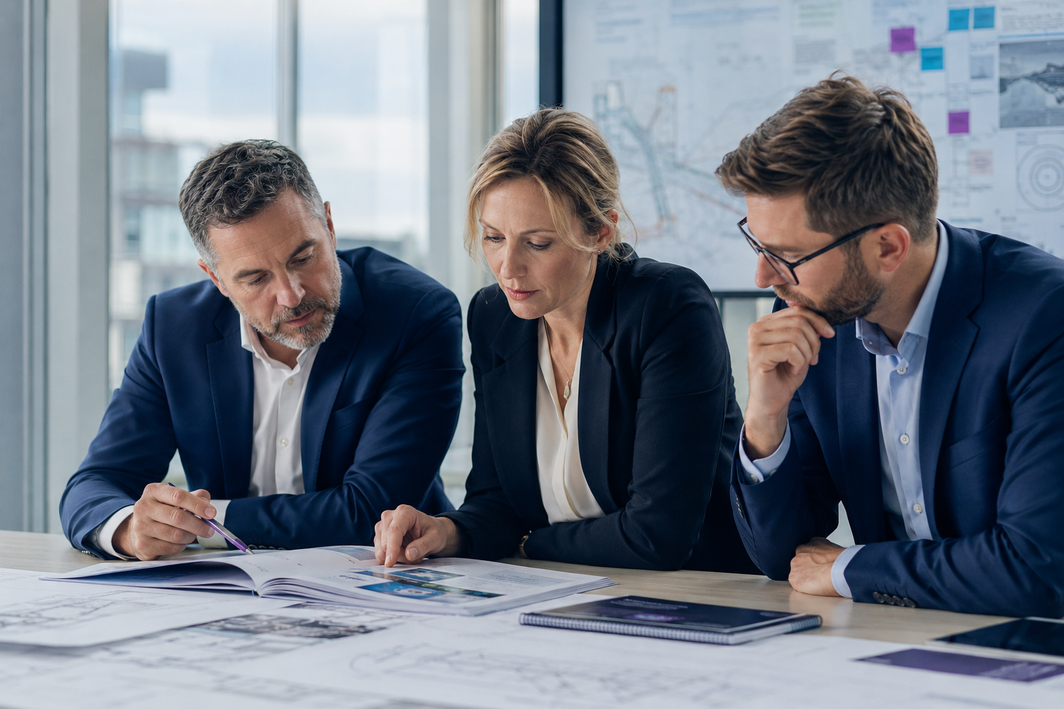 Three business professionals, two men and one woman, in business suits, are examining architectural plans or blueprints on a desk in a modern office with large windows.