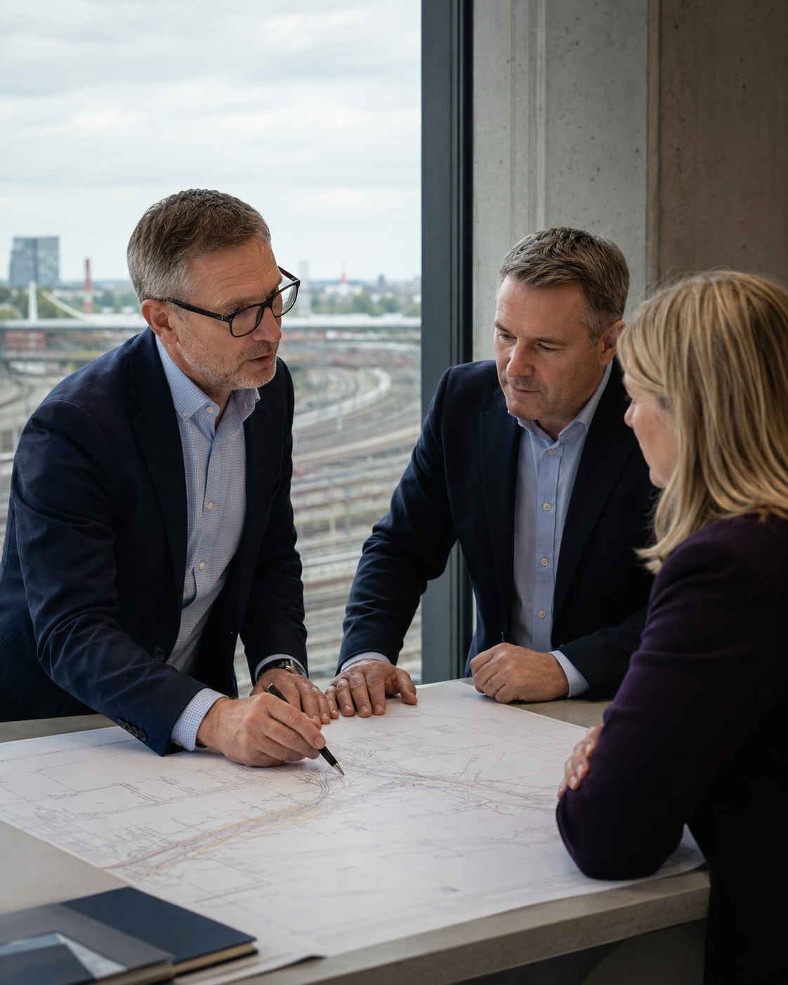 Three professionals in business attire discuss plans and look at detailed blueprints on a table in an office with a view of train tracks outside.