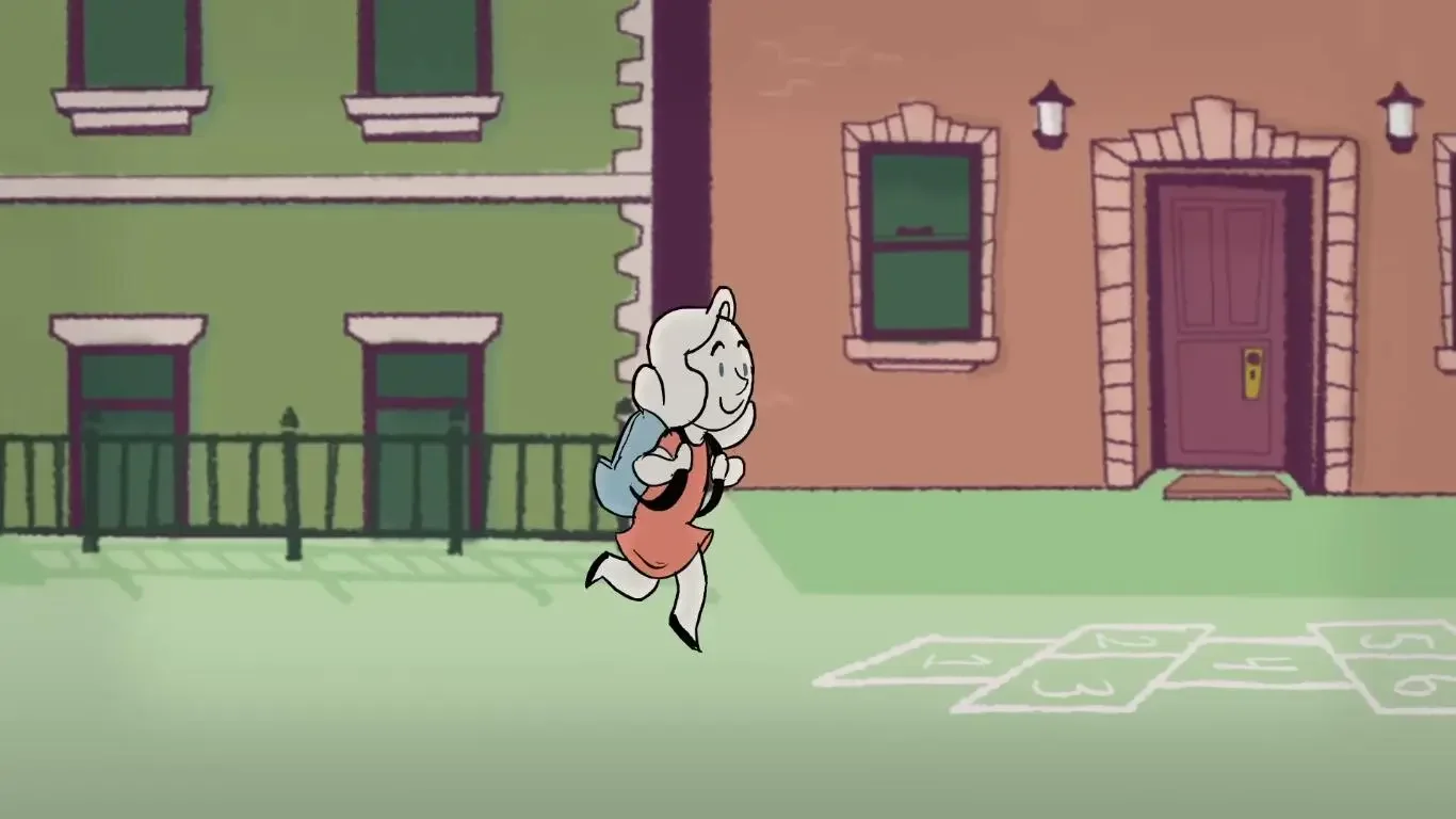 2D animation of a girl with a blue backpack running down a sidewalk with chalk hopscotch.