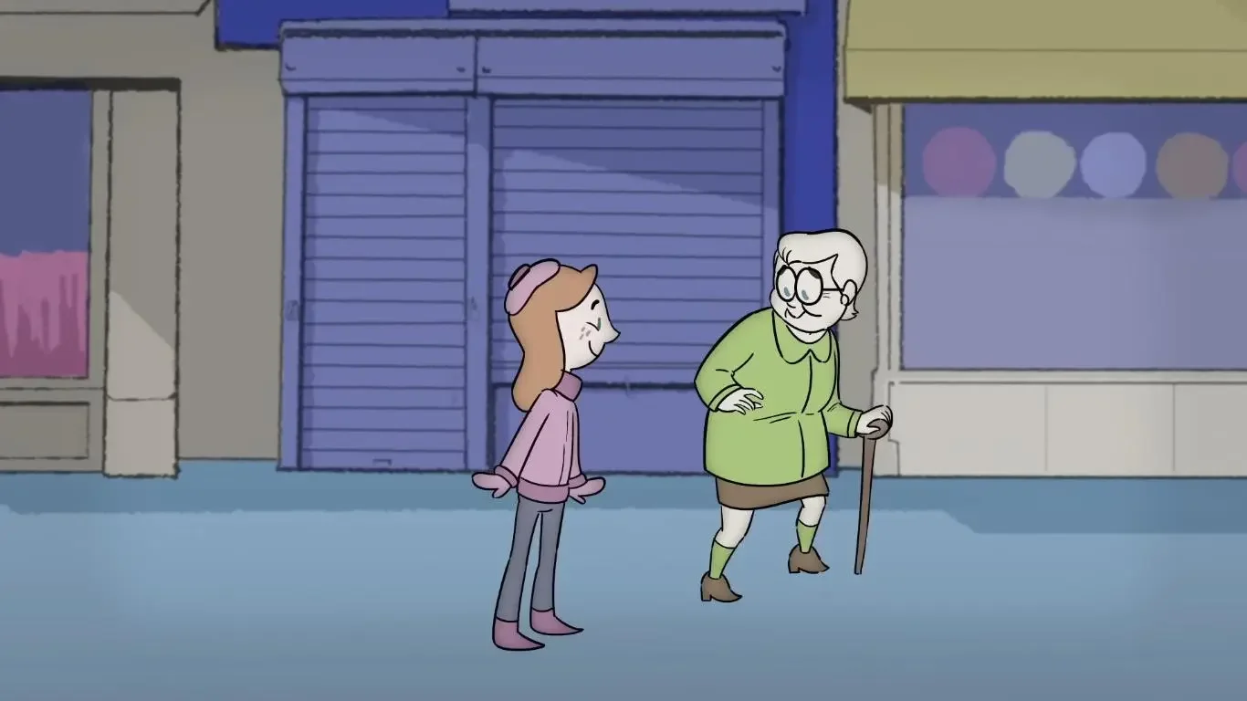 2D animation of a girl in a pink coat conversing with an elderly woman with a cane.