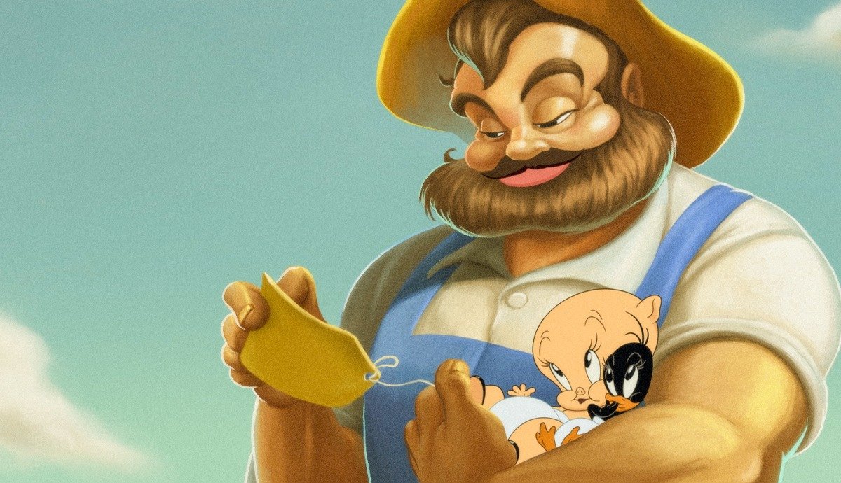 Animated farmer in overalls holding baby Tweety Bird and baby Daffy Duck while examining a yellow tag.