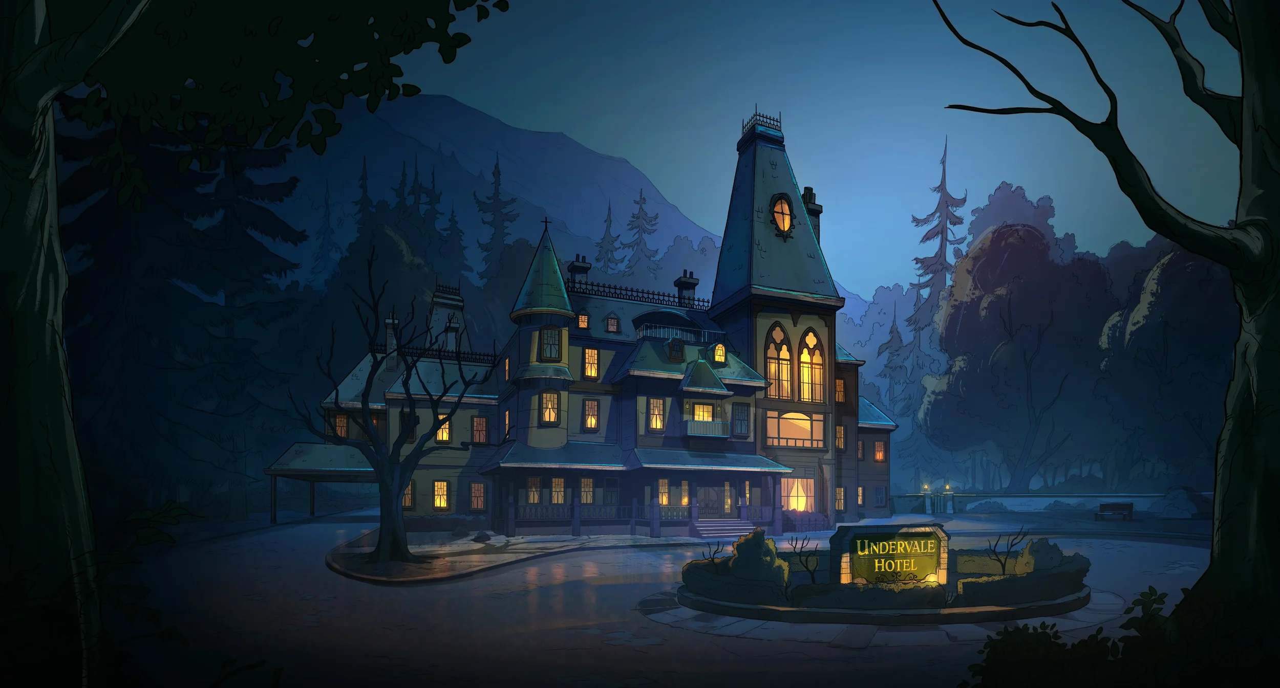 Exterior view of a spooky, illuminated Victorian-style haunted hotel at night with an Undervale Hotel sign on the lawn.